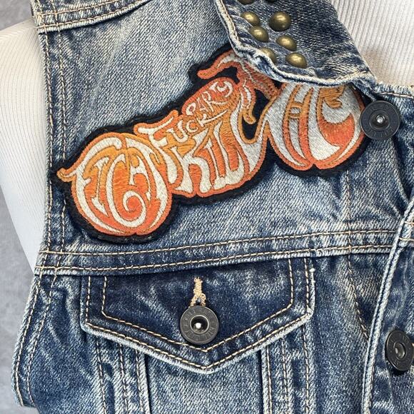 Kill City Fight F@@k Kill Denim Biker Vest Women Med Sleeveless Studded Patches - Picture 2 of 10